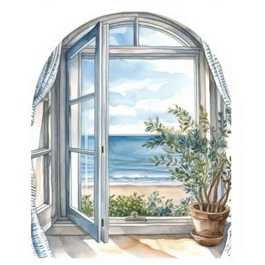 coastal window, very detailed and realistic, watercolor, white background with margins, clipart style