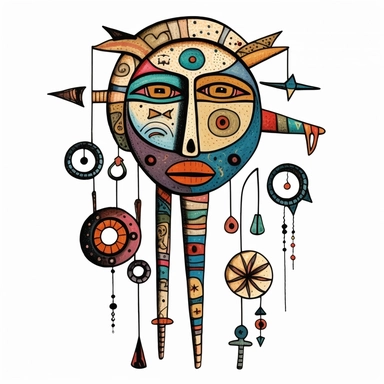 creepy magic Voodoo Doll crescent moon clipart, detailed, white background, illustration painting, collaged constructions, digital art, watercolor, in the style of sculptural and geometric, forced perspective drawings, Geometric brushstrokes form an intriguingly abstract, painterly figure, Pablo Picasso, Wassily Kandinsky,