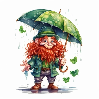 Cute Adorable magical little leprechaun with a cylinder hat and a red beard holds laterally a umbrella in his hand wears a raincape and stand in the rain on a country road, clipart, photorealistic illustration, watercolor, high detail, 8k polished, 8k, vibrant colors, white background