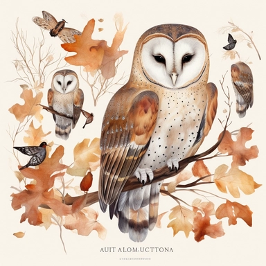 Create a captivating collection of ultra-detailed Autumn Barn Owl Clipart, capturing the charm and beauty of this majestic nocturnal creature. Paint each owl with delicate watercolors, showcasing its unique feathers and intricate patterns. Embrace the warmth and earthy tones of autumn, incorporating rich shades of orange, brown, and gold. Complement the owl clipart with elements inspired by woodland and forest environments, such as trees, leaves, and other forest animals. Ensure meticulous atten