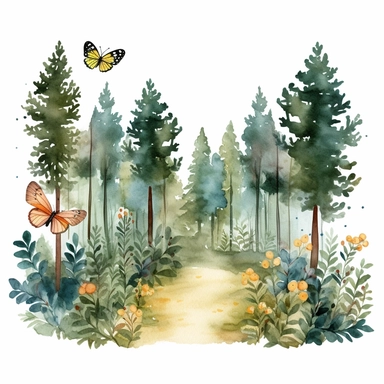 Une foret avec des papillon de toutes les couleurs dans une foret Watercolor Nursery Clipart