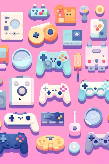 [gamepads] vector clipart, vector cute collection, in the style of #screenshotsaturday, light [pink] pastel background, flat areas of color, flat color blocks, 1970–present, rough-edged 2d animation, lightbox, colorful animation stills, high quality clipart, front view