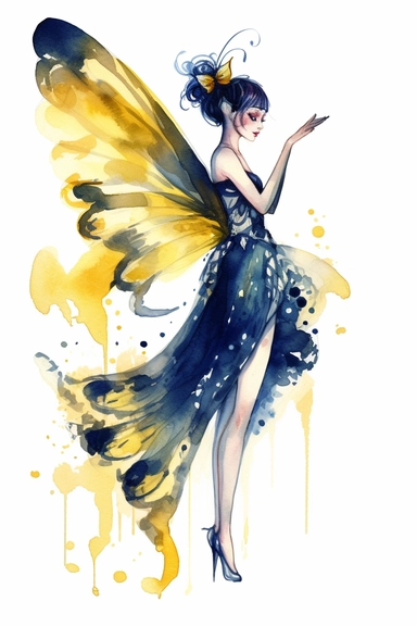 a watercolor of a pixie with butterfly style wing, Victorian Style, yellow and navy blue nuances, vector free clipart illustration, in the style of unreal engine 5, 32k uhd, detailed features, white background