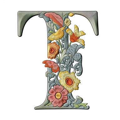 Floral Machine Embroidery, detailed illustration, clipart, white background, letter T