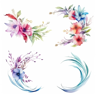 4 watercolor ribbon pastel ethereal corner border floral arrangements clipart, clean lines, white background, hd