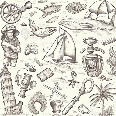 Leonardo da Vinci vintage hand-drawn, a detailed drawing, very coherent image, no colors, realistic, intricate detail, 16k, wide angle, uncropped, highly detailed, black line sketch on white paper, desaturated, pattern of diving helmet, rum bottle, captain hat, hourglass, bible, seagull, oar, shark, palm tree, ship’s cannon and other nautical clipart symbols.
