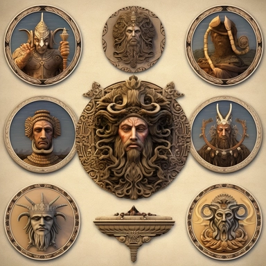 Create a collection of lifelike clipart images depicting gods and symbols from mythology. Use a digital art medium to render these images with realistic textures and details. Emulate the style of classic illustrations found in ancient manuscripts and tapestries. Ensure that each god or symbol is represented in a visually striking and accurate manner, capturing their distinct characteristics and attributes.