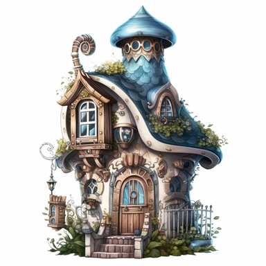 clipart, shades of blue and brown fairy house isolated on a white background, intricate details, vector, pastel colors, realistic, 3D, no shadows