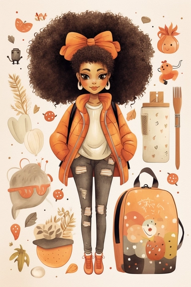clipart set Cute illustration fashion black woman back to school watercolor clipart, full body, Cute kawaii sticker