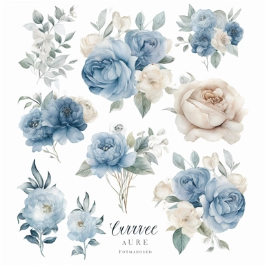 Create a captivating collection of ultra-detailed dusty blue floral clipart, showcasing the beauty of watercolor techniques and the elegance of roses. The clipart should capture the soft and muted tones of dusty blue, evoking a sense of tranquility and sophistication. Incorporate a variety of floral elements, with a focus on roses, as they symbolize love and beauty. Each flower should be meticulously painted, highlighting the delicate petals and realistic textures. Design the clipart with a wedd