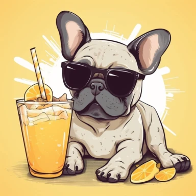 French Bulldog laying down Clipart with Sunglasses Drinking Lemonade with a straw sun backround