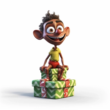 clipart of a crazy dark skinned christmas elf standing on a christmas present, there is a funny face on it, cartoon, for kids, funny, pixar, 8k, white background, sharp focus, detailed,