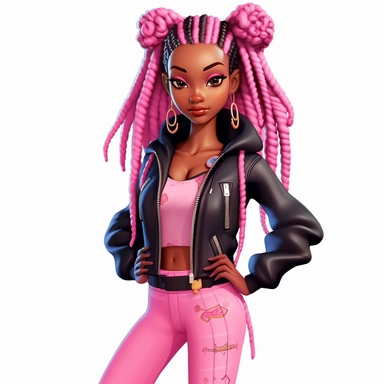 black chibi women incarnate in a 3d pink clothes, Mesmerizing gaze, pink girl dreadlock, american college fashion pink clipart, black magic girl
