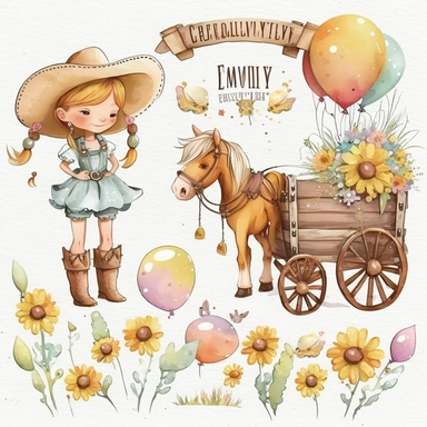 watercolor cute cartoon drawing, a garland of balloons ,pastel cute little Cowboys Clipart, sweet little girl Cowgirl Clipart, Cowboy Clip Art, Wild West Clipart, Sheriff Clipart, Western Clipart, Western Cowboy, sunflowers, a wooden cart, cute horse ridi