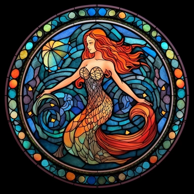 Stained Glass Watercolor Mermaid Mandala Clipart, black background, no text, no caption
