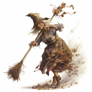 a clip art on white background in the style of Bob Byerley of an old woodland witch with a flying broom