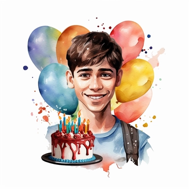 watercolor of a birthday 21 year old boy isolated on a white background, detailed ,realistic ,rtx on,textural richness,colorful imagery,digital illustration, clipart,