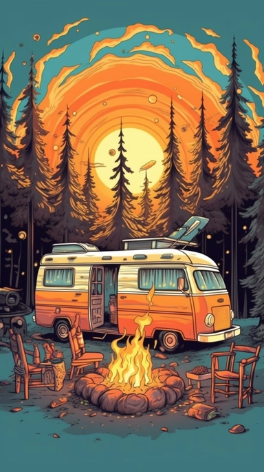 clip art, vector, colourful , camping, outdoors, camp fire , van life