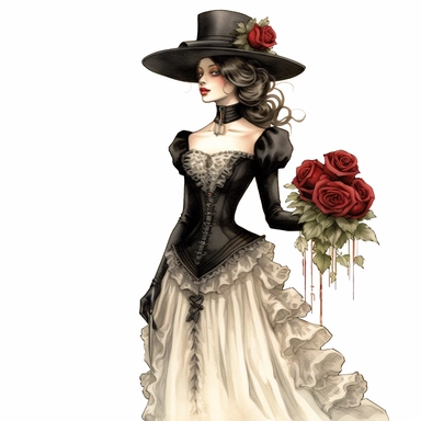 A captivating Victorian maiden in an elegant ivory gown, adorned with intricate lace trim and delicate floral embellishments. With a Victorian-style black hat adorned with a striking red rose, her full silhouette exudes poise and charm. Against a clean white backdrop, she embodies the refined fashion of the Victorian era. Clipart, watercolor, white background, intricate detail, hyper-realistic, unreal engine cinematic smooth, captivating Victorian-style hat, exquisite Victorian-inspired jewelry.