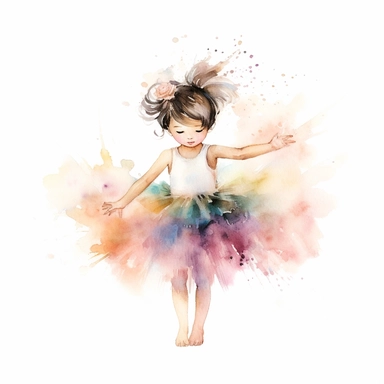 little asian girl dancing in tutu, watercolor, pastels, whitebackground, clipart