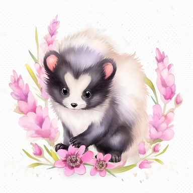 A beautiful, cute, adorable, watercolor, floral baby skunk pastel pink and pastel purple flowers and big cute eyes, very adorable, stunning with flowers, pastel colors, very beautiful, sparkling clipart, with a white background, or KKHDR hyper detail, hyper resolution, hyper realistic, hyper cartoon style