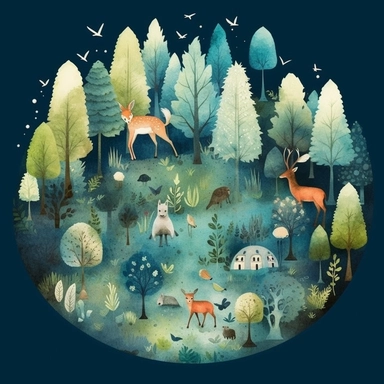Enchanted Forest watercolor hyperdetailed ultra realistic clipart featuring a magical forest with talking animals and sparkling fairy dust , style of Anna Süßbauer and Jon Klassen,cinematic,Photography,Vector,Solid Background , masterpiece, trending on Artstation and Dribbble.--ar 3:2