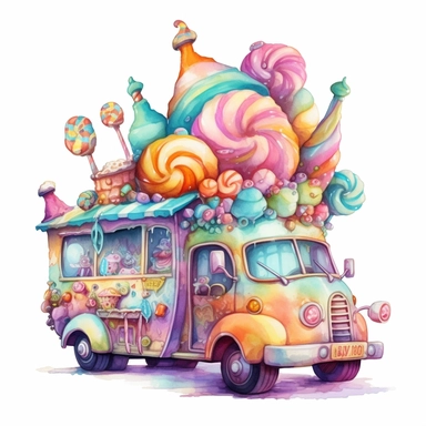 Fairytale style beautifull vintage icecream bus in the candyland with watercolor effect,candyland scene,candies,fantasy style,realistic features,vibrant colors,suitable for digital clipart,white background