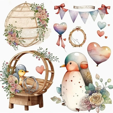 wedding rings tied with a ribbon , cute wedding illustrations clipart set, ILLUSTRATIONS FOR THE BOOK, cartoon elements, different variants, girl with long hair in a wedding veil, wedding, husband and wife Love , Hearts balloons , veil, garland, wooden elements, sit on a bench , on the car, white transparent background separate elements with a margin Watercolor