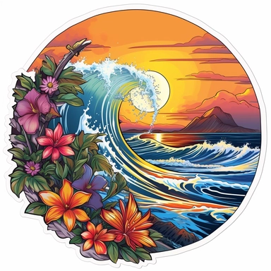 A sticker, artwork of t shirt graphic of majestic palm tree in digital painting style, beautiful flowers, sunrise mountains and clouds, big sea waves, water splashes, white background, colorful fantasy flower sorround, highly detailed clean, vector image, photorealistic masterpiece, professional photography, realistic, flat white background, isometric, vibrant vector, clipart, illustration, realism, 4k, , cinematic, front view, white background,