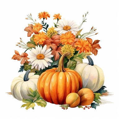 hyperrealism painting, variety flowers , pumpkin floral bouquet , white background, watercolor style, farmhouse chic, tempera clipart