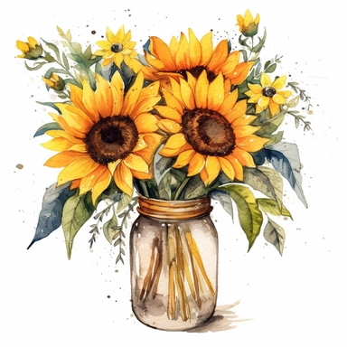 watercolor sunflower clipart, sunflower, floral bouquet in a jar, white background, i cant believe how beautiful this is