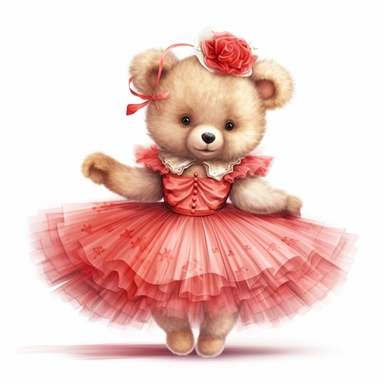 Adorable cute fantasy Teddy bear dressed like a Romantic ballerina, wearing red tutu, nursery art, clipart image, lineart image, white background , very detailed, 8k