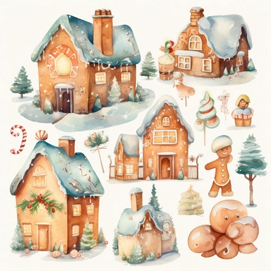 Generate a series of watercolor clipart images inspired by the magic of Christmas. Include elements such as gingerbread houses, reindeer, snowmen, and Christmas trees. The images should have a soft, dreamy quality with clear lines and delicate, watercolor hues. The clipart should be perfect for use in scrapbooking, card-making, and other festive projects.