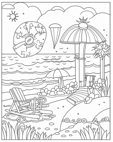 Adult Coloring Book Featuring Fun and Relaxing Beach Vacation Scenes, Peaceful Ocean Landscapes and Beautiful Summer Designs, coloring page line art, black and white clipart for a kids coloring page, simple and clean line art, illustration style,