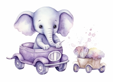 watercolor cute little baby elephant in a retro toy car, in the style of light silver and light purple, victorian-inspired illustrations, nature-inspired pieces, 5 sets of clipart of different playful compositions, plush doll art, high resolution, isolated on a white background
