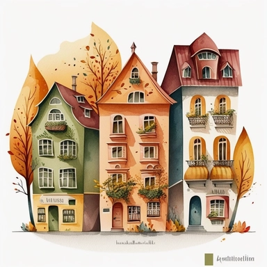 Very very cute and Whimsical houses in a row on the street of Vienna, Austria, beautiful, colorful, in autumn colors, Watercolored illustration in the style of Michael Powell, clipart, 3D, white background - Q2