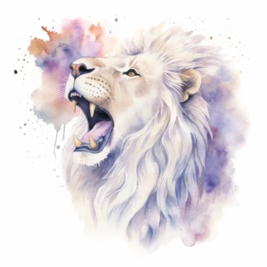 watercolor clipart of roaring white lion, cosmos in background, on white background