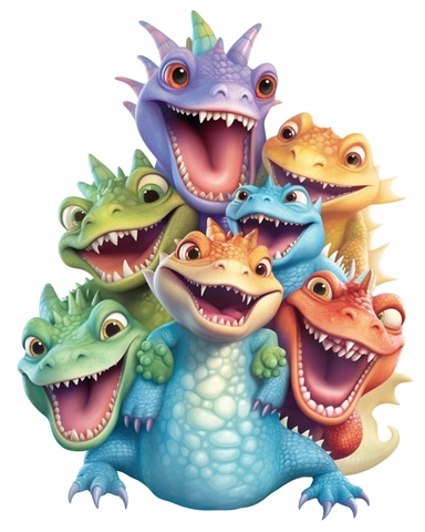 baby dragon laughing with 5 heads clipart multicolored