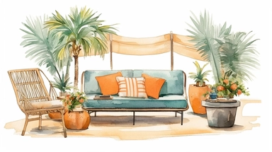 Watercolor clip art, Serena and Lily inspired, Editorial Style photo, Mid-range view, Artistic, Eclectic, Tropical plants and lounge chaise furniture, Varied and eclectic, Medium level of detail, Diverse and vibrant, Luxury bohemian resort brand, Soft and diffused, Beachfront, Afternoon, Bohemian and free-spirited, Eclectic and vibrant, on a white background, no shadow, shot on 70mm lens, Canon camera, 8k, spaced out, stylize 1000,