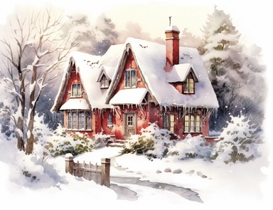 stunning red fairytale Christmas cottage in snow , beautiful Christmas clipart, soft faded colors, beautiful watercolor art by Marjolein Bastin, Thomas Kinkade, Carl Larsson, Norman Rockwell, Susan Wheeler, white background