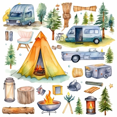 watercolor camping, illustrations clipart set, simple, cartoon elements, different variants, separate elements with a margin