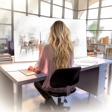 watercolor clipart of detailed high fashion campaign image, female model, long blonde hair, beautiful, she is sketching architectural drawings in an office place, you cant see her face its shot from the back of her, you can see the model from head to toe, the camera angle is wide shot