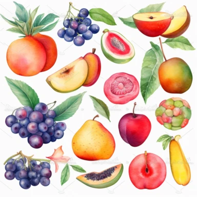 A vibrant watercolor clipart of assorted fruits including [mangoes], [dragon fruits], [blueberries], [Nectarines], and [peaches], with each fruit showcasing soft colors and intricate details, each fruit is seperated 5mm from eachother, set against a white background, evoking a sense of freshness and abundance, Painting, watercolor on textured paper,