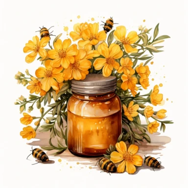 An ultra-detailed watercolor clipart illustration, drawn with a thick watercolor line, adorned with [honey jar with flowers] with the bouquet, isolated on a white background, in the style of ultra-realistic watercolor clipart illustrations, intricately detailed watercolor clipart illustrations, hyperrealistic watercolor clipart illustrations, and high-resolution watercolor clipart illustrations