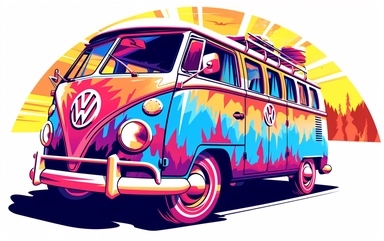 clip art of a VW bus decorated 60's style in synthwave style colourfull multicolour ultra details white background