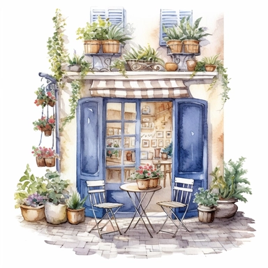 Dimetric illumination of a a cute watercolor small french cafe with tables and potted plants , french cafe, with plants plants, god rays, high quality, intricate design, clipart witchcore dreamcore cottagecore white background no text, isolated on white, ghibli style, award winning
