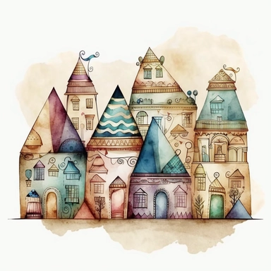 Very very cute and Whimsical traditional quirky Egyptian houses in a row, Cairo, Egypt, with Pyramids and the Sphynx in the back, colorful, Watercolored illustration in the style of Michael Powell, clipart, white background - Q2