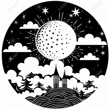black and white vector icon clipart of a crescent moon and clouds , black and white, in the style of Aubrey Beardsley, white background, NO PEOPLE