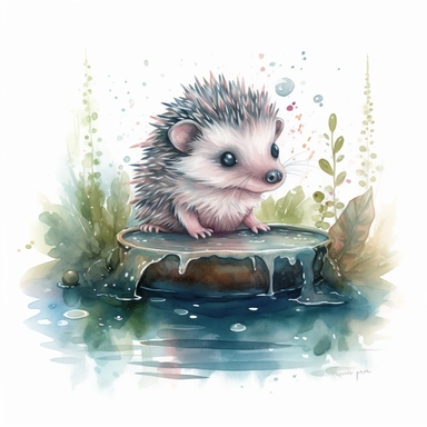 Adorable baby hedgehog watercolor clipart depicting a whimsical scene of a tiny hedgehog enjoying a refreshing dip in a crystal-clear pond, tiny water droplets glistening on its fur, reflections of surrounding trees dancing on the water's surface, a sense of tranquility and contentment in the hedgehog's expression, Artwork, digital painting with watercolor texture,