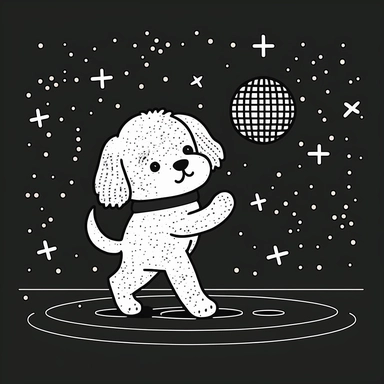A cartoon dog dancing in a disco with a disco ball. cute, clipart, flat 2d vector, minimalist, black and white, kids cartoon, svg cut file, line art drawing